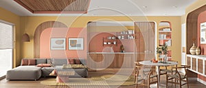 Panoramic view of modern wooden kitchen, dining and living room in orange tones, sofa with carpet, table with chairs, sliding door