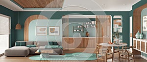 Panoramic view of modern wooden kitchen, dining and living room in turquoise tones, sofa with carpet, table, chairs and sliding
