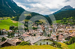 Panoramic view of Moena, the fairy of the dolomites in Trentino Alto- Adige, Italy