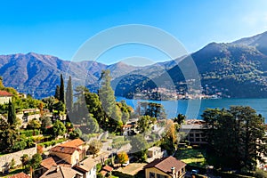 Panoramic view of Moltrasio town on Lake Como in Italy photo