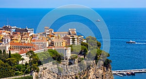 Panoramic view of Monaco Ville Rock royal old town district on French riviera at Mediterranean Sea coast