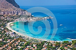 Panoramic view of Mondello white beach in Palermo, Sicily. photo