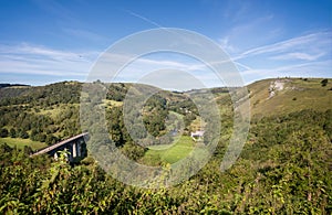 Panoramic view of Monsal Dale and the Headstone Viaduct from Monsal Head in Derbyshire, UK