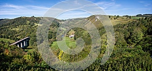 Panoramic view of Monsal Dale and the Headstone Viaduct from Monsal Head in Derbyshire, UK