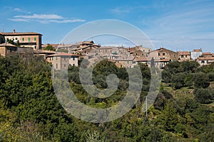 Panoramic view of Montalcino, lovely medieval hill town in the Crete Senesi region of central Tuscany