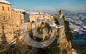 Panoramic view of Montefalcone Appennino village with snow