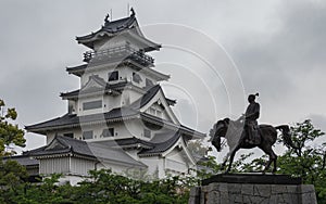 Panoramic view on the Monument of Emperor Todo Takatora and his Imabari Water Castle. Imabari, Imabari, Ehime Prefecture, Japan photo