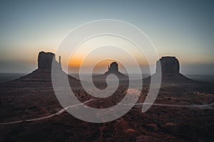 Panoramic view of Monument Valley USA Utah during Sunset and sunrise with famout view to the sisters and west mitten