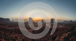 Panoramic view of Monument Valley USA Utah during Sunset and sunrise with famout view to the sisters and west mitten