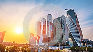 Panoramic view of Moscow city and Moskva River at sunset. New modern futuristic skyscrapers of Moscow-City