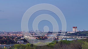 Panoramic view of Moscow City, Russia, from Sparrow Hills day to night timelapse