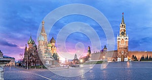 Panoramic view of Moscow Kremlin and Saint Basil`s Cathedral in Moscow, Russia