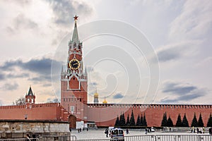 Panoramic view of Moscow Kremlin with Spassky Tower in center city on Red Square, Moscow, Russia.