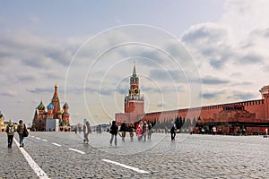 Panoramic view of Moscow Kremlin with Spassky Tower and Saint Basil's Cathedral in center city on Red Square, Moscow