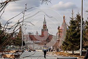 Panoramic view of Moscow Kremlin with Spassky Tower and Saint Basil's Cathedral in center city on Red Square from