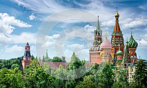 Panoramic view of Moscow Kremlin and St Basil`s Cathedral, Russia. Moscow. The Red Square., Spasskaya Tower symbol of Moscow and