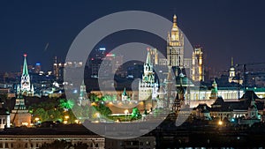 Panoramic view of Moscow timelapse - Kremlin towers, State general store, Stalin skyscraper, residential building at