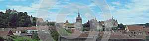 Panoramic view of the most representative buildings of the city in the old citadel. Sighisoara, Romania.