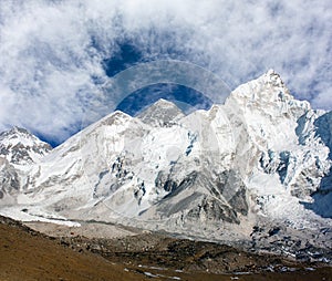 Panoramic view of Mount Everest with beautiful sky and Khumbu Glacier