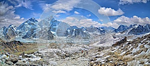 Panoramic view of Mount Everest and Nuptse glacier and ice-fall khumbu