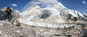 Panoramic view of Mount Everest with tourist