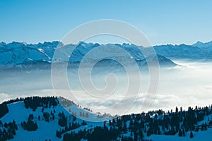 Panoramic View of Mount Rigi Queen of mountain. Swiss Alps, Luzern, Switzerland