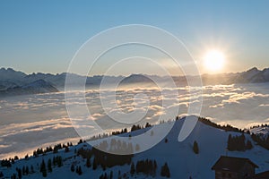 Panoramic View of Mount Rigi Queen of mountain. Swiss Alps, Luzern, Switzerland