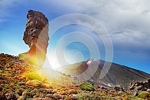 Panoramic view of Mount Teide at sunset. Tourism in the Canary Islands. Beach of Spain, Tenerife