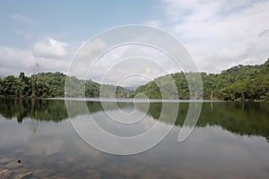 Panoramic view on a mountain dam in Thailand, mountains and rivers