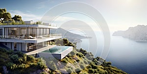 Panoramic view of mountain hill large luxury villa house with ocean view on sunny summer day.AI Generative