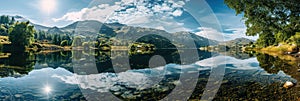 Panoramic view of a mountain lake. Generative AI