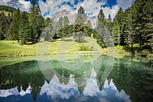 Panoramic view of a mountain lake in nature park puez odle and puez geisler in the dolomite region