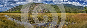 Panoramic view of a mountain lake with trees and hills. Calm and serene.