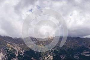 Panoramic view of mountain in National Park of Tzoumerka, Greece Epirus region. Mountain in the clouds