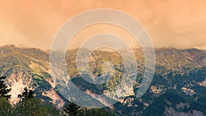 Panoramic view of mountain in National Park of Tzoumerka, Greece Epirus region. Mountain in the clouds