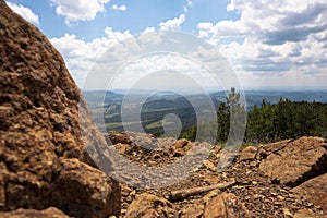 Panoramic view from the mountain peak of the landscape and amazing blue cloudy sky. Divcibare mountain