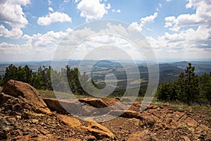 Panoramic view from the mountain peak of the landscape and amazing blue cloudy sky. Divcibare mountain