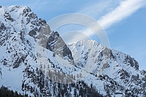 Panoramic view of mountain peaks with ski lifts at sunrise. Austria.