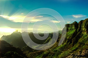 Panoramic View From Mountain Peaks And a sunset