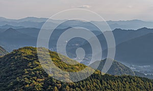 Panoramic view of mountain range from Irohazaka winding road in autumn season.