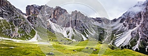 Panoramic view of a mountain range in nature park puez odle and puez geisler in the dolomite region, south Tyrol