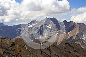 Panoramic view of mountain range with peaks Saldurspitze and Lagaunspitze in South Tyrol