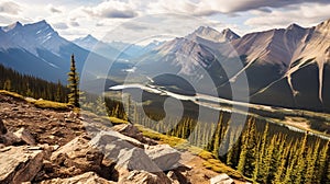 Panoramic view of a mountain range with a river winding through a valley, with a few trees in the foreground