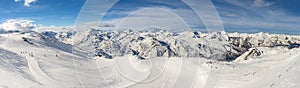Panoramic view of mountain range with ski piste