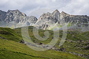 A panoramic view of the mountain tops of Silvretta Arena in Ischgl.