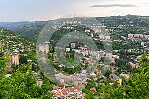 Panoramic View of the mountainous city of Chiatura, famous for its manganese mines located on the river Kvirila, Georgia