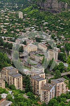 Panoramic View of the mountainous city of Chiatura, famous for its manganese mines located on the river Kvirila, Georgia