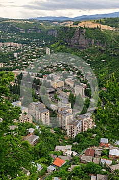 Panoramic View of the mountainous city of Chiatura, famous for its manganese mines located on the river Kvirila, Georgia