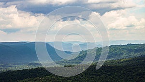 Panoramic view of mountains, cloudy sky, sunlight and shadows on the forest of beautiful gorge of Thailand.