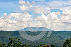 Panoramic view of mountains, cloudy sky, sunlight and shadows on the forest of beautiful gorge of Thailand.